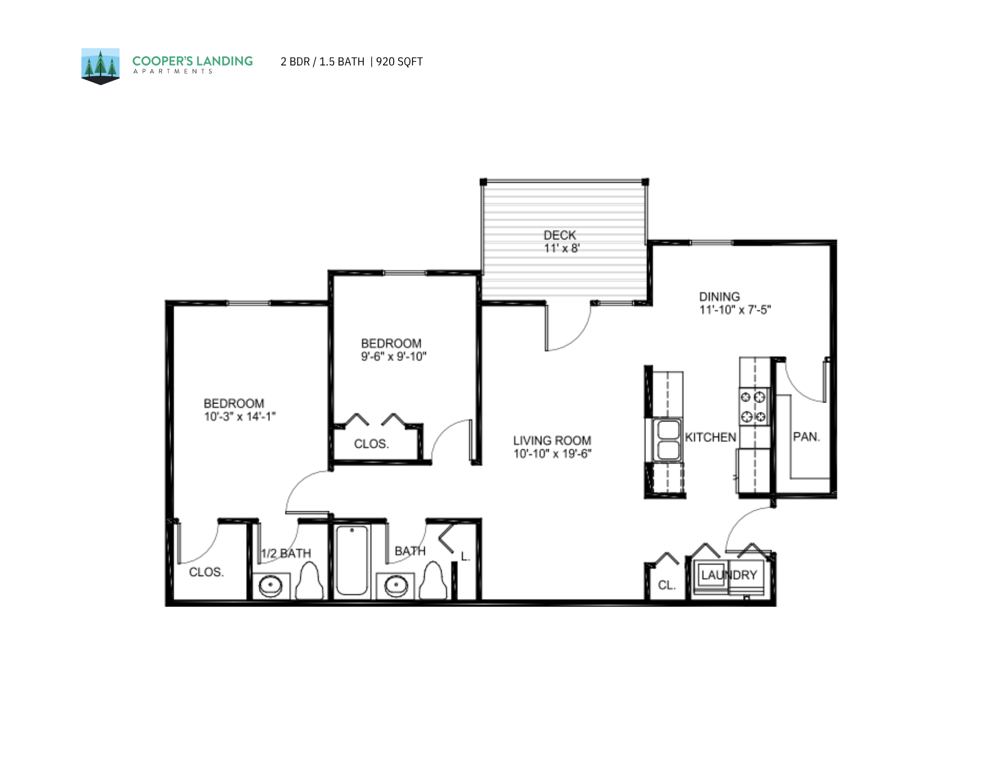 Floor plan for 2 beds, 1.5 baths, 920 sqft